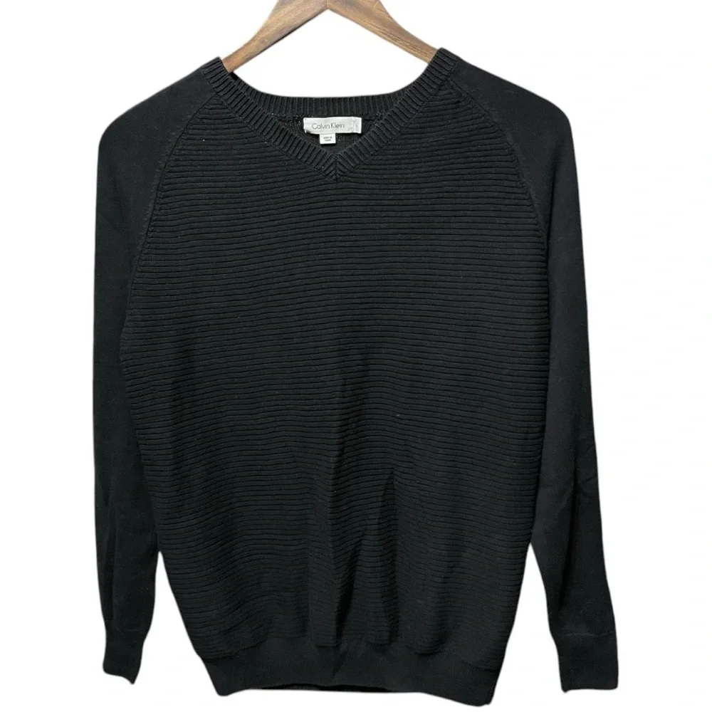 blank black long sleeve V-neck Calvin Klein woven textured sweater sweatshirt